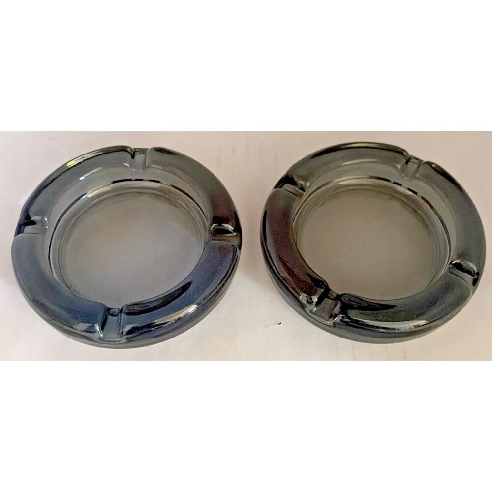 Vintage Mid-century Modern Smokey Grey Glass Ashtrays Round Set of 2